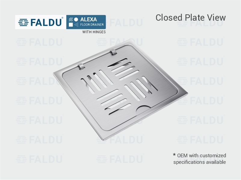 ALEXA Floor Drainer with Hinges FALDU 3. SS-304 Floor & Shower Drains with high outlet flow rate, stain and rust resistant, Easy to Clean, Anti-cockroach Trap Option. Also available in PVD Finishes