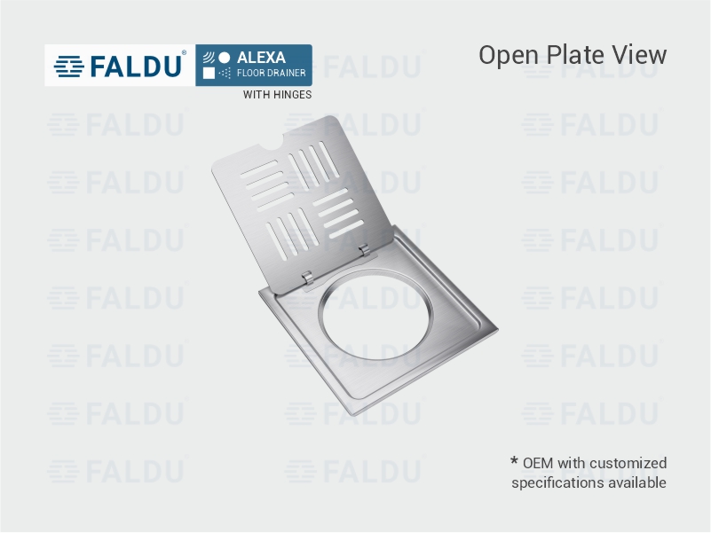 ALEXA Floor Drainer with Hinges FALDU 2. SS-304 Floor & Shower Drains with high outlet flow rate, stain and rust resistant, Easy to Clean, Anti-cockroach Trap Option. Also available in PVD Finishes
